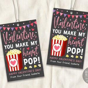 Valentine&#39;s Day Popcorn Printable Favor Tags Editable Template, Valentine Gift Tag For Teacher Friend Classroom School Kids, Treat Tag