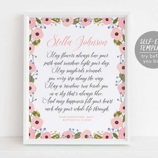 Editable Goddaughter Baptism Poem Floral Template, Christening Print Keepsake, Godchild Girl Communion Dedication Gift From Godparents