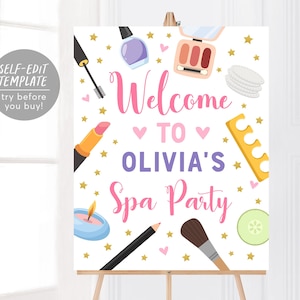 Editable Spa Party Birthday Welcome Sign Template, Pamper Party Poster, Glitz and Glam Glamour Makeover Decor Decorations, Tween Party