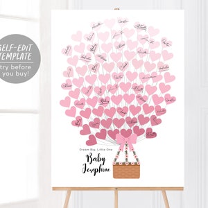 Baby Girl Hot Air Balloon Baby Shower Christening Guest Book Alternatywny edytowalny szablon, kwiatowy kosz Guestbook Sign, plakat z balonami