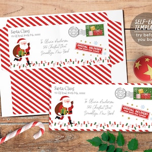 Carta de sobre de Papá Noel de plantilla editable de Papá Noel, sobre imprimible dirección personalizada querido kit de cartas de Papá Noel, carta del Polo Norte