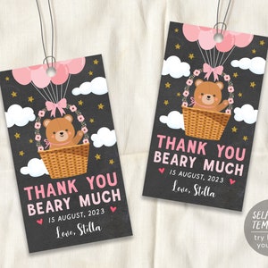Teddy Bear GIRL Baby Shower Favor Tags Editable Template, Bear Hot Air Balloon Baby Sprinkle Thank You Gift Tag Printable, Instant Download