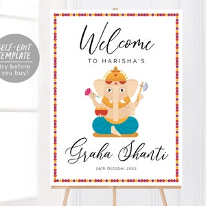 Bewerkbare Indiase Graha Shanti ceremonie teken, Indiase welkom bruiloft teken, Ganesh Puja Ganpati bloemen poster, Indiase bruiloft decor