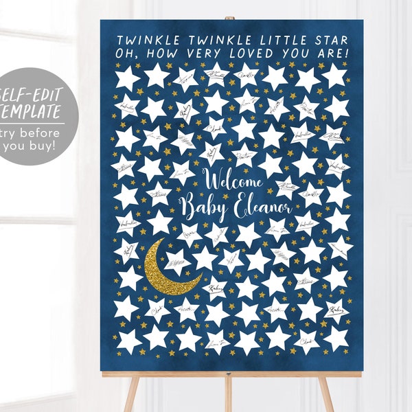 Editable Twinkle Twinkle Little Star Baby Shower Guest Book Alternative Template, Sign a Star, Galaxy Moon Stars Gender Neutral Guestbook