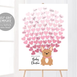 Editable French Bulldog Heart Balloons Baby Girl Baby Shower Guest Book Alternative Template, Dog Puppy Pet Animal Theme Guestbook Sign