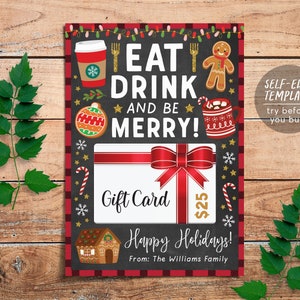 Weihnachten Eat Drink And Be Merry Restaurant Geschenkkartenhalter druckbare bearbeitbare Vorlage, Kaffee Urlaub Danke Geschenk für Lehrer Zapfwelle PTA