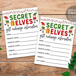 Geheime Elfen Cadeau-uitwisselingskaarten Bewerkbare sjabloon, Geheime Elf Kerstman Vakantie Kerstuitwisselingsformulieren Vragenlijst, Werk Geheime Kerstmanspellen