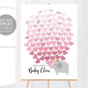 Baby Girl Elephant Heart Balloons Baby Shower Guest Book Alternative Editable Template, Blush Safari Animal Crown Theme Guestbook Sign