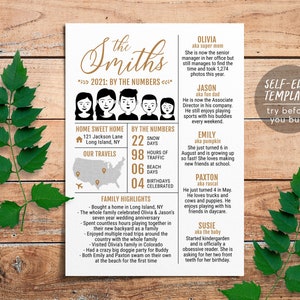 Unique Year In Review Family Portrait Christmas Card, Family Christmas Newsletter Template, Illustrated Holiday Cards, Editable Infographic