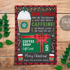 クリスマス コーヒー ギフト カード ホルダー 編集可能なテンプレート、休日の面白い感謝のギフト、先生、ベビーシッター、保育園へのギフト、ラテへの感謝