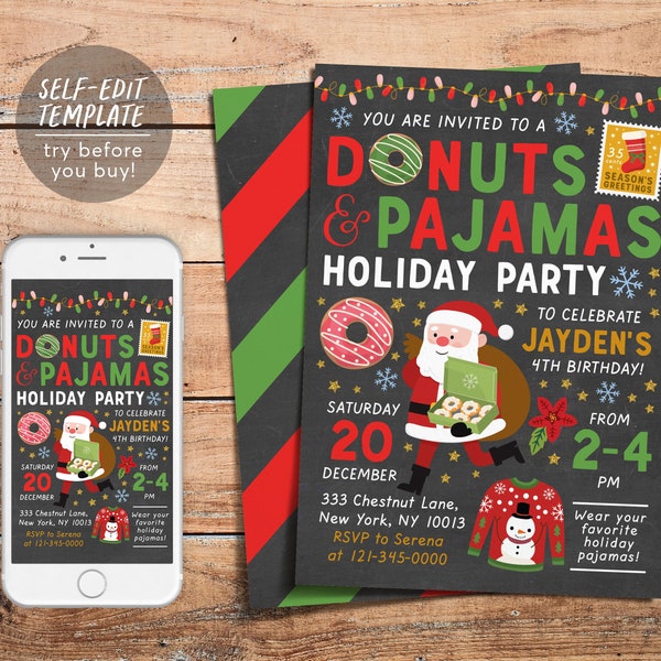 Donuts and Pajamas Party Invitation Editable Template, Holiday Brunch Birthday Party Invite, Kids PJs Sleepover Party Printable Santa