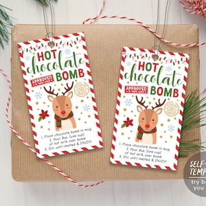 Modello modificabile etichetta bomba al cioccolato caldo con renna di Natale, etichette adesive stampabili con etichetta bomba alla cioccolata calda di Babbo Natale, bomboniera per la festa di Natale