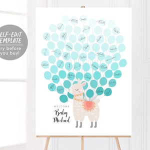 Editable Llama Balloon Baby Shower Guest Book First Communion Alternative Template, Alpaca Theme Guestbook Sign, Animal Sign-In Balloon