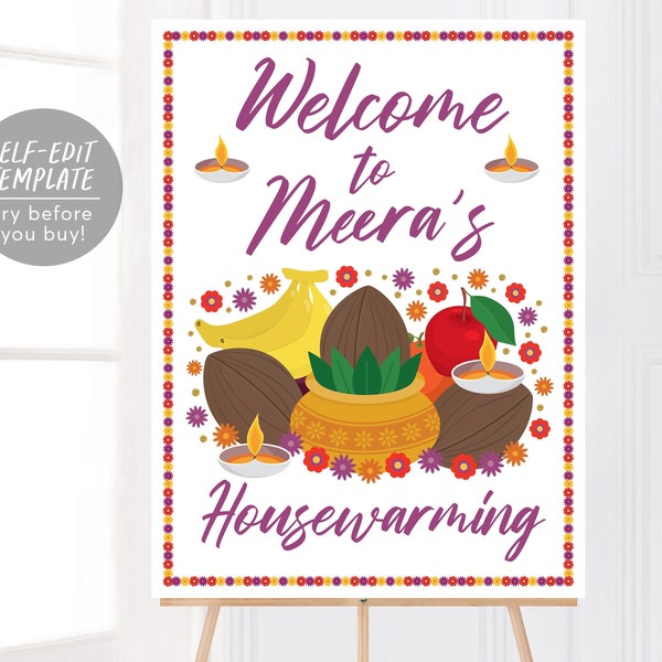 Indian Housewarming Welcome Sign Editable Template, Griha Pravesh Gruhapravesam House Warming Board Poster Decor, Instant Download