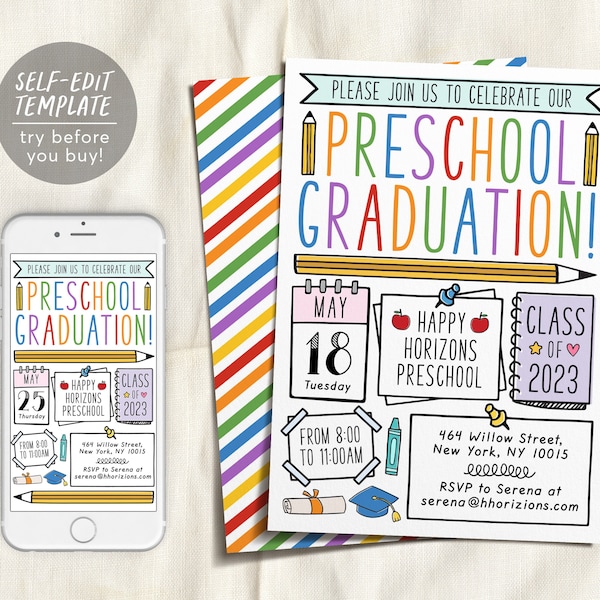 Preschool Graduation Invitation Editable Template, Pre-K Kindergarten Class Graduation Announcement, Graduation Ceremony Invite Evite