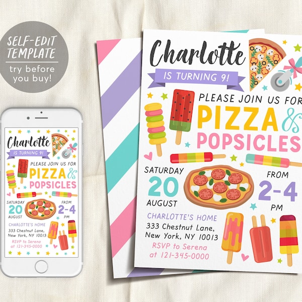 Pizza and Popsicles Birthday Party Invitation Editable Template, Pizza and Ice Pops Summer Party For Kids, Popsicle Pool Party Printable