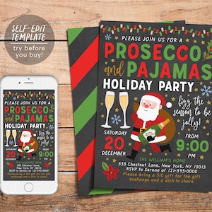 Op de afbeelding: Een printbare uitnodiging voor een kerstfeest met de tekst "Kom gezellig langs voor een Prosecco en pyjama kerstfeest" met een illustratie van de kerstman die een fles champagne vasthoudt. Het feest is op zaterdag 20 december om 21:00 uur. De uitnodiging bevat het adres en RSVP-informatie.