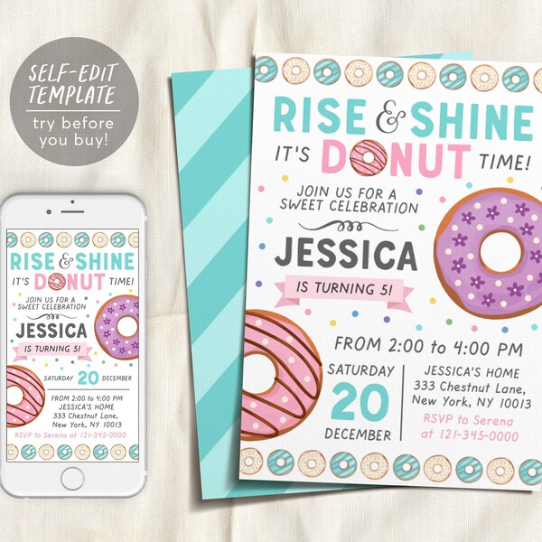 Editable Rise and Shine Donut Time Birthday Invitation Template, Girl Sweet Doughnut Birthday, Donut Party Invite, Donut Invitation