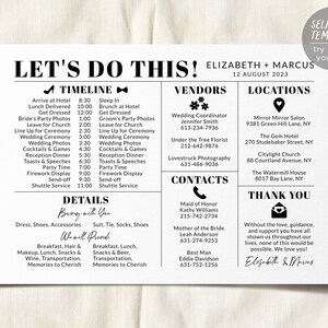 May include: A black and white wedding invitation with a timeline, vendor and location information for Elizabeth and Marcus's wedding on August 12, 2023. The invitation includes a thank you message from the couple.