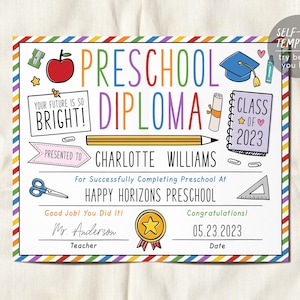 Preschool Graduation Diploma Editable Template Prek Pre k Kindergarten