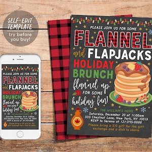 Flannel and Flapjacks Holiday Brunch Invitation Editable Template, Pancakes and Pajamas Christmas, Xmas Party Buffalo Plaid Holiday Invite
