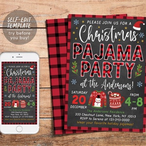 Plantilla editable de invitación a fiesta de pijamas de Navidad, invitación navideña para niños imprimible, fiesta de pijamas para niños, cuadros de búfalo de franela