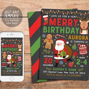 Very Merry Birthday Invitation Editable Template, Santa Christmas Holiday Birthday Invite Printable, Santa Party Invite, 1st First Birthday
