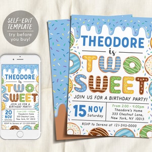 Donut Two Sweet Birthday Party Invitation Editable Template, Baby Boy 2nd Birthday Invite Printable, Cute Second Birthday Rainbow Sprinkle