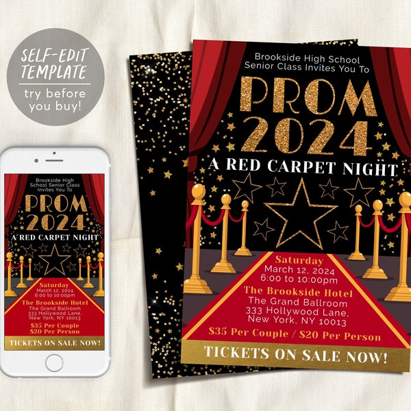 Red Carpet Prom School Dance Invitation Editable Template, Homecoming Hollywood VIP Pass Ticket Party Invite, Father Daughter Dance