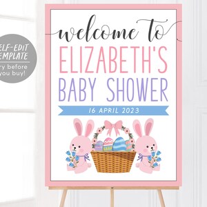 Bunny Baby Shower Welcome Sign Editable Template, Easter Bunny Rabbit Spring Themed Shower Sign Sprinkle Poster Signage Decorations