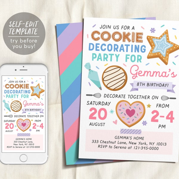 Editable Cookie Decorating Party Invitation Template, Baking Birthday Party Evite, Kids Cooking, Birthday Girl Chef Invite, Sugar Cookie