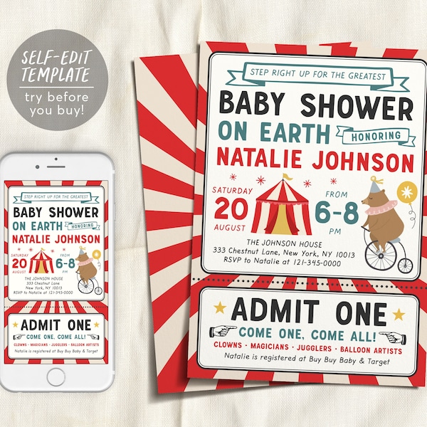 Editable Circus Baby Shower Invitation Template, Carnival Fair Vintage Circus Animals Bear Theme Ticket Invite, Gender Neutral Baby Boy