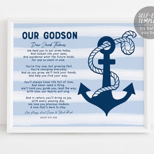 Editable Godson Gift Printable Template, Nautical Baptism Communion Christening Dedication Print From Godmother And Godfather, New Baby Boy