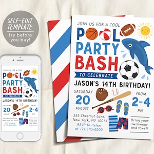 Sports Pool Party Invitation Editable Template, Basketball Football Baseball Swimming Themed Boys Summer Pool Birthday, Pool Bash Text Evite