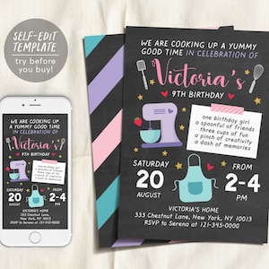 Editable Kids Cooking Birthday Invitation Template,  Kitchen Cooking Class Birthday Invite, Cupcake Baking Party, Girl Chef Baking Evite