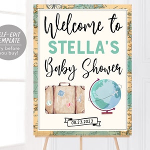 Modello modificabile per cartello di benvenuto per baby shower a tema di viaggio, cartello per doccia unisex con globo di avventure, decorazioni per segnaletica con poster a spruzzo vintage