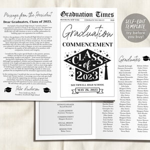 Graduation Program Editable Template, Pamphlet Booklet Newspaper High School Graduation, Commencement College Church 8th Grade Ceremony