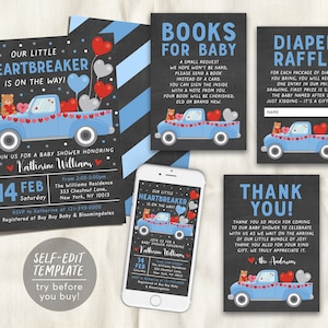 Valentinstag JUNGE Baby Shower BUNDLE Einladungs-Set Editierbare Vorlage, kleine Herzensbrecher Bücher für Baby Windel Tombola Dankeschön