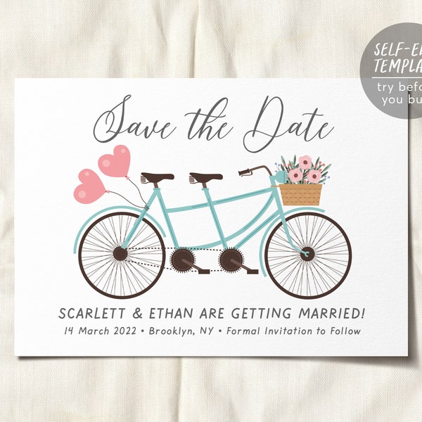 Vélo tandem modifiable enregistrer le modèle de date, mariage sur le thème de la bicyclette, invitation de fiançailles, faire-part de mariage, ballons coeur floral