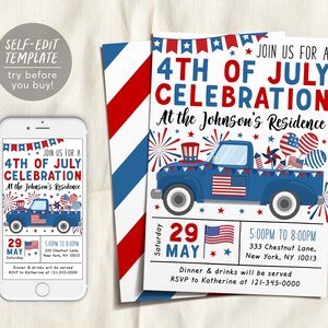 4th of July Invitation Editable Template, Fourth of July Celebration Parade Truck Invite, Independence Day BBQ American Flag Patriotic