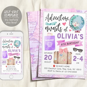 Adventure Awaits Travel Girl Birthday Party Invitation Editable Template, Around the World Pink Purple Vintage Map Passport Digital Invite