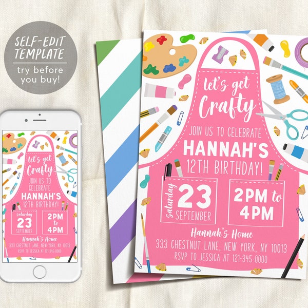 Craft Birthday Party Invitation Editable Template, Summer Craft Art Party, Crafting Theme Birthday, Dress for a Mess Painting Invite Evite