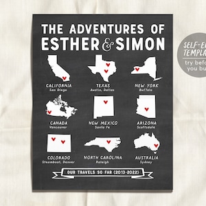 May include: A black chalkboard with white text that reads "The Adventures of Esther & Simon" and "Our Travels So Far (2013-2022)". The chalkboard is divided into a grid of nine squares, each containing a white outline of a state or country with a red heart marking a location. The states and countries include California, Texas, New York, Canada, New Mexico, Arizona, Colorado, North Carolina, and Australia.