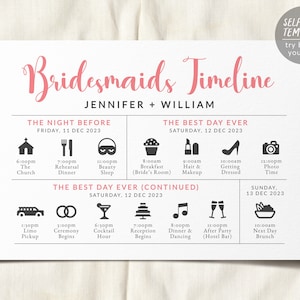 Editable Wedding Day Timeline Bridesmaids Itinerary Template, Wedding Weekend Schedule Party Agenda Printable Handout, Order of Events