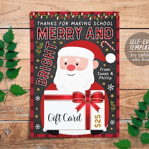 Modèle modifiable de titulaire de carte-cadeau imprimable pour enseignants de Noël, collègues enseignants de Noël, idées cadeaux de remerciement, Père Noël joyeux et lumineux