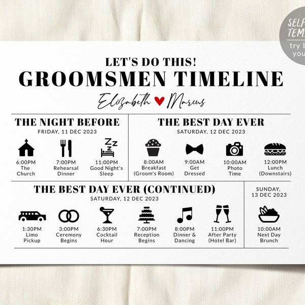 Editable Wedding Day Timeline Groomsmen Itinerary Template, Wedding Weekend Schedule Party Agenda Printable Handout, Order of Events Guys