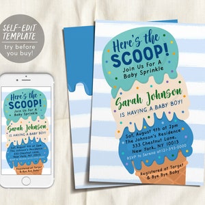 Eis Baby Shower Einladung Bearbeitbare Vorlage, hier ist die Schaufel Baby Streu Eistüte einladen, es ist ein Junge Blau Unisex printable