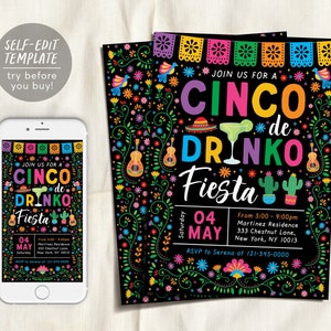 Cinco De Drinko Party Invitation Editable Template, Cinco De Mayo Margarita Mexican Fiesta Theme Adult Birthday Party Evite Printable