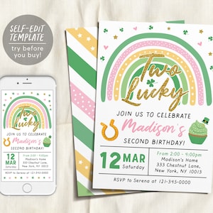 May include: A printable invitation for a second birthday party with a rainbow and shamrock theme. The invitation says "Two Lucky" and includes the name "Madison".