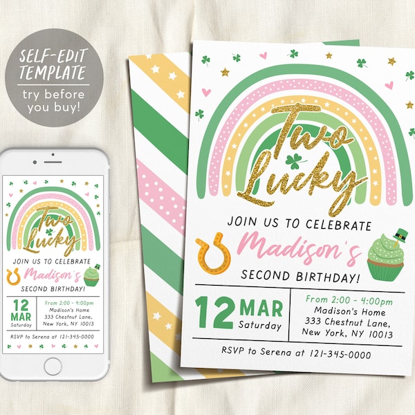 St. Patricks Day Birthday Invitation Editable Template, Two Lucky GIRL Shamrock Party Invite, Second 2nd Birthday, Rainbow Printable Evite